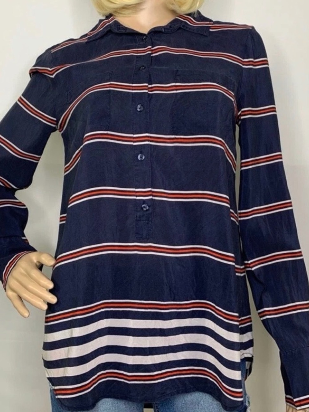 J. Crew Silk Navy Blue Striped Button-Down Shirt